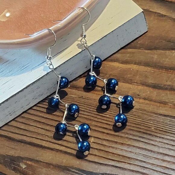 Handcrafted Blue Glass Pearl Zig Zag Geometric Dangle Earrings - Picture 2 of 8